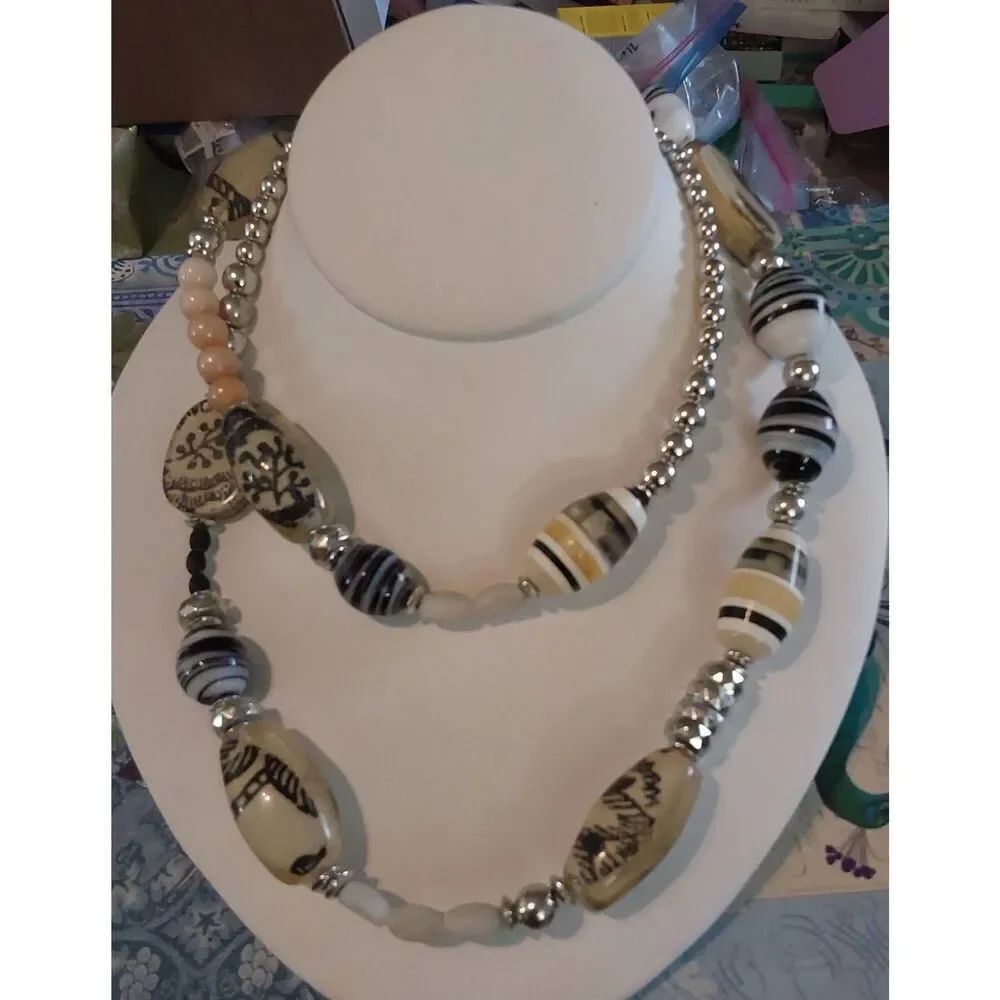 Bold 28" Black/White Handblown Glass~Acryliced Wood & Beaded Statement Necklace